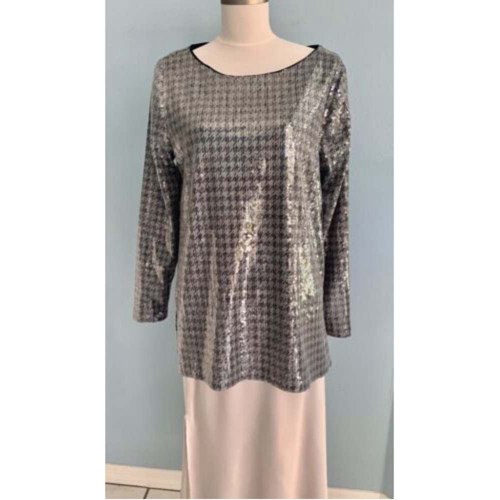 NWT Chico’s Sequin Tunic Top, Gray, Silver, Long Sleeve , Sz 1